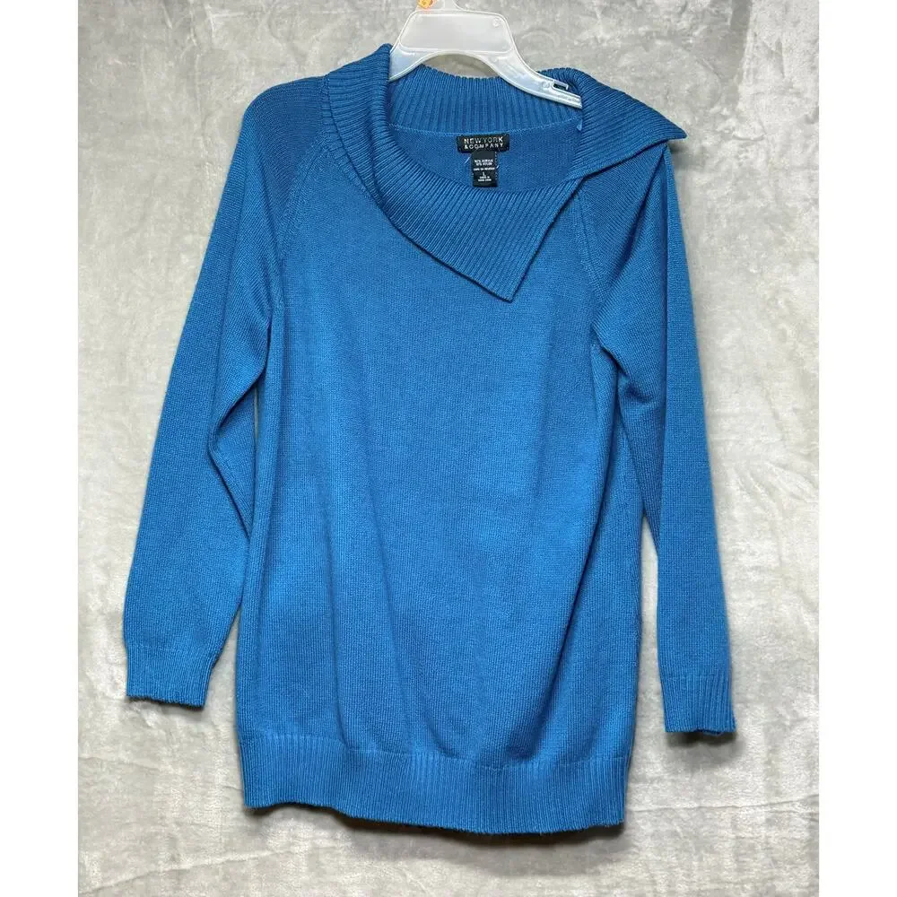New York & Company Blue Foldover Collar Sweater Size L